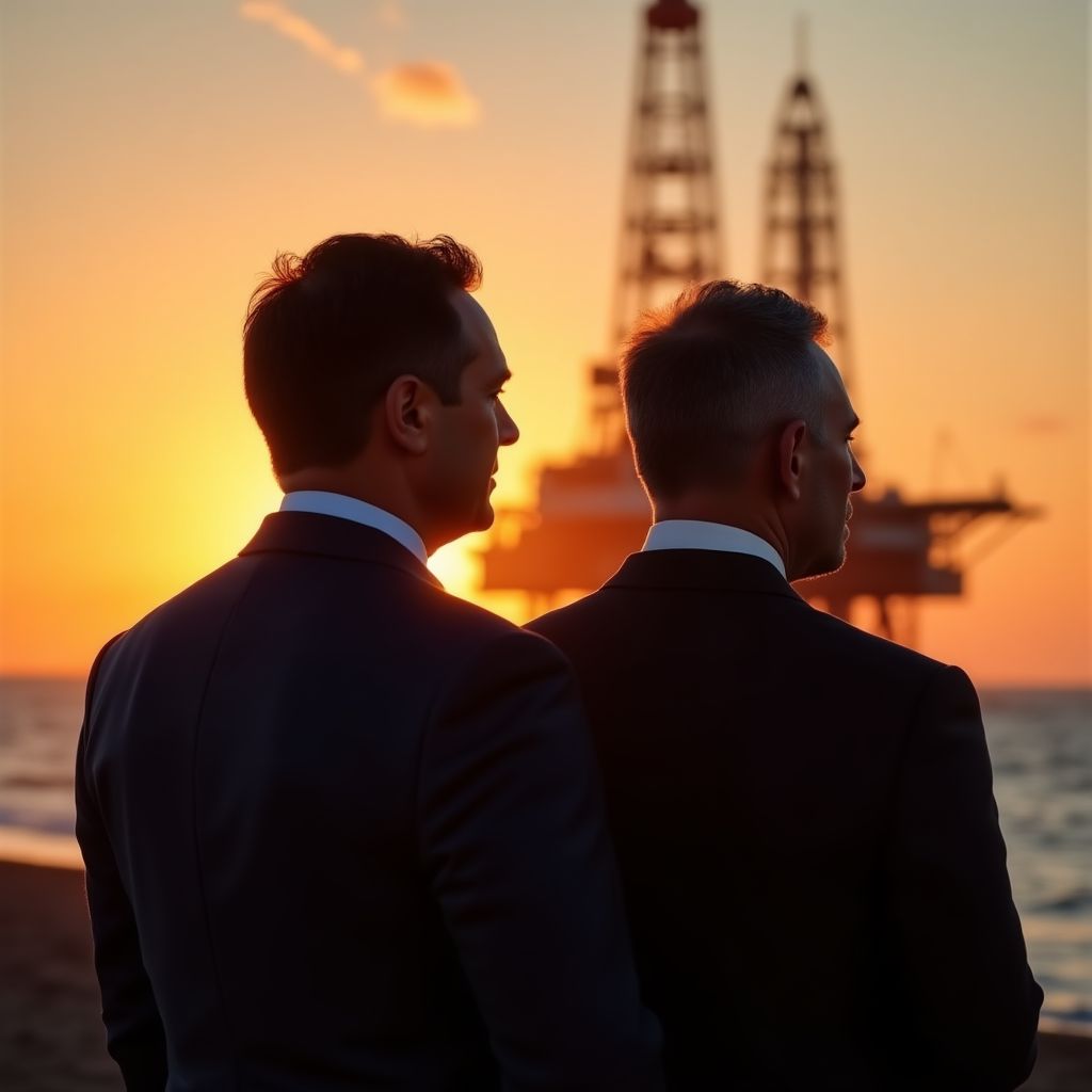 Equipo ejecutivo de InverPetrol frente a plataforma petrolífera